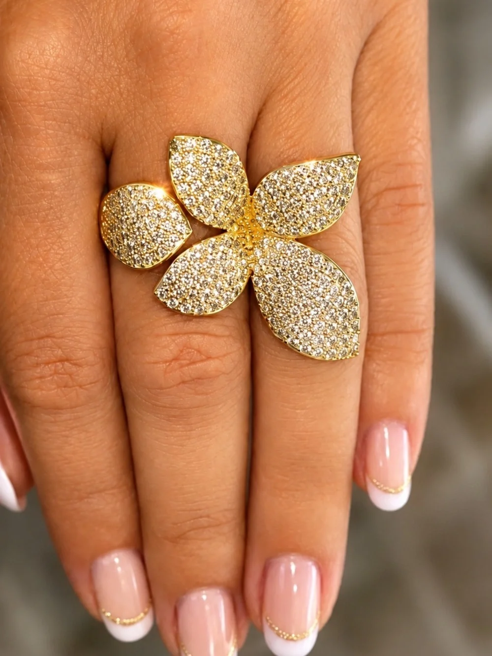 Gold Pavé Crystal Flower Statement Ring Oversized Floral Ring